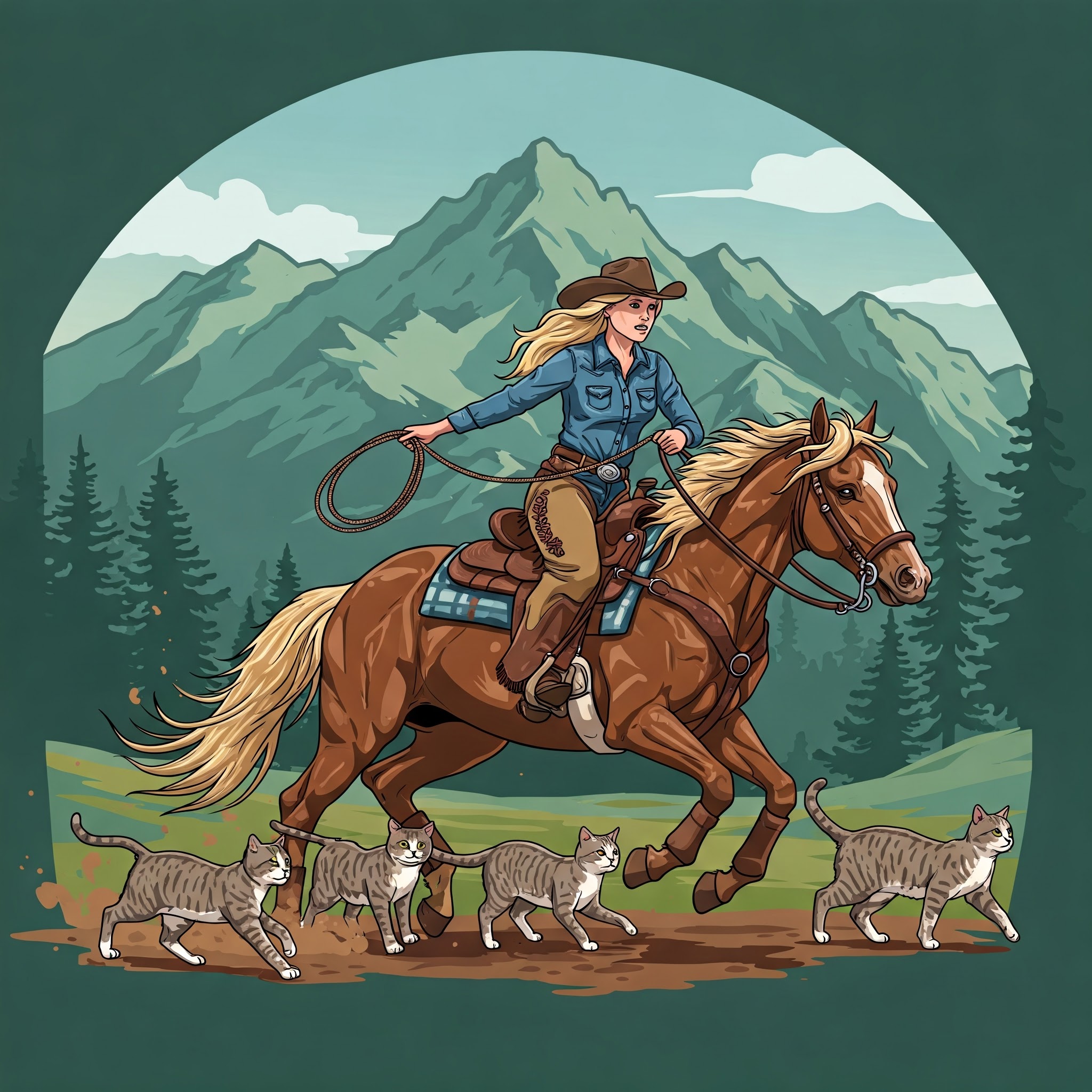 Caricature of Chris Thomas, CPA in full cowgirl regalia riding horseback chasing cats with a lasso. The cartoon symbolizes the power of having an accountant, cpa and tax strategist help businesses regain control of their finances