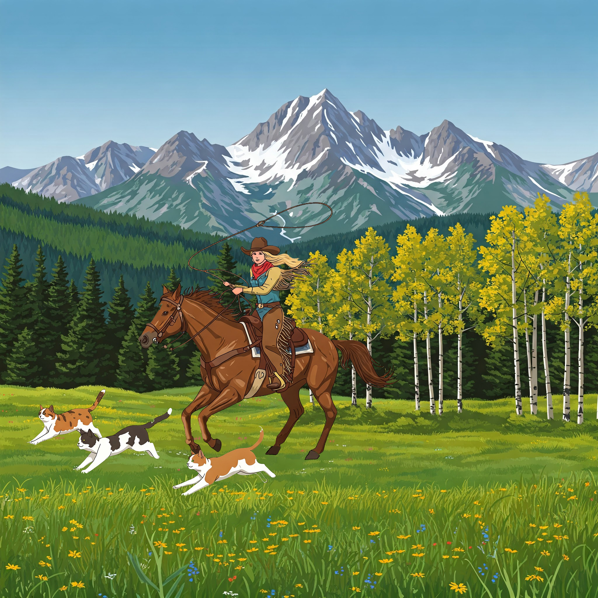 Caricature of Chris Thomas, CPA in full cowgirl regalia riding horseback chasing cats with a lasso. The cartoon symbolizes the power of having an accountant, cpa and tax strategist help businesses regain control of their finances