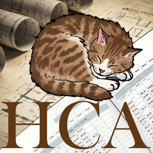 Cartoon of a cat sleeping on an accounting ledger lying on top of blueprints spread over a table - logo for herding cats accounting and Chris Thomas CPA