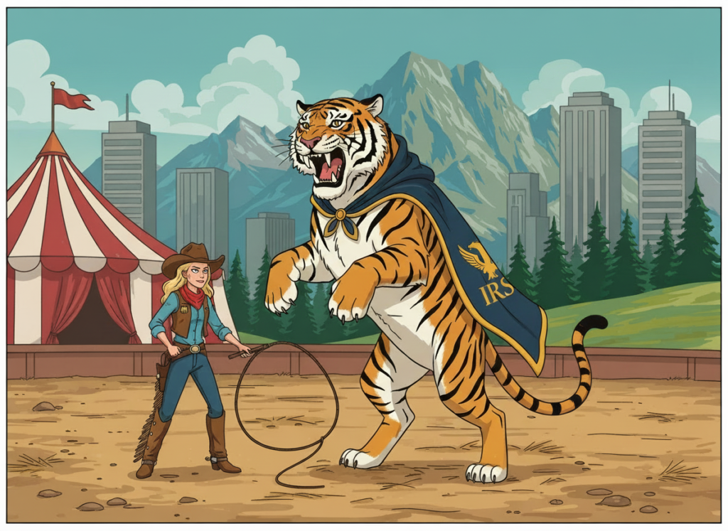 Caricature of Chris Thomas, CPA in full cowgirl regalia standing in front of a wild tiger with a circus backdrop. The cartoon symbolizes the power of accountant and tax strategist intervention to help small business get back into control of their taxes and into good standing with the IRS