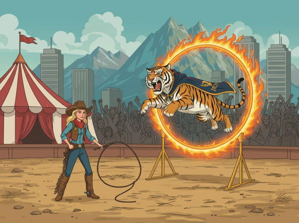 Cartoon cowgirl guiding a tiger through a flaming hoop — wrangling IRS tax problems