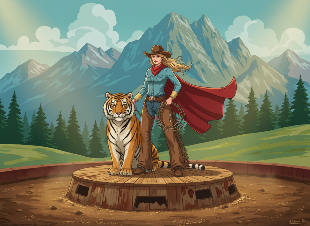 Cartoon cowgirl beside a calm, tamed tiger — back taxes resolved and under control